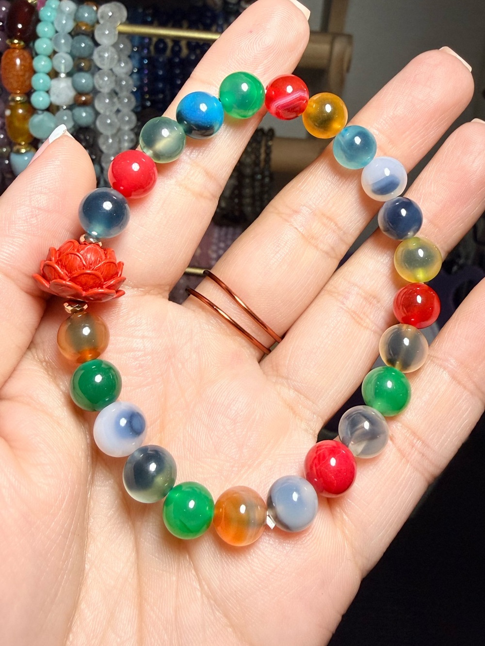 Candy Agate Bracelet 8mm Cinnabar Lotus Colorful Gemstone